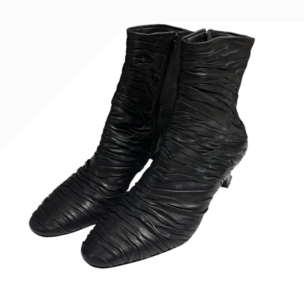 Thierry Rabotin Witchy Black Ruched Leather Ankle Boots Kitten Heel Size 39